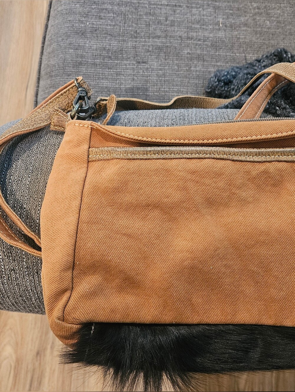 Myra Bag Brown Floral Crossbody with Black Fur Trim - Picture 2 of 6
